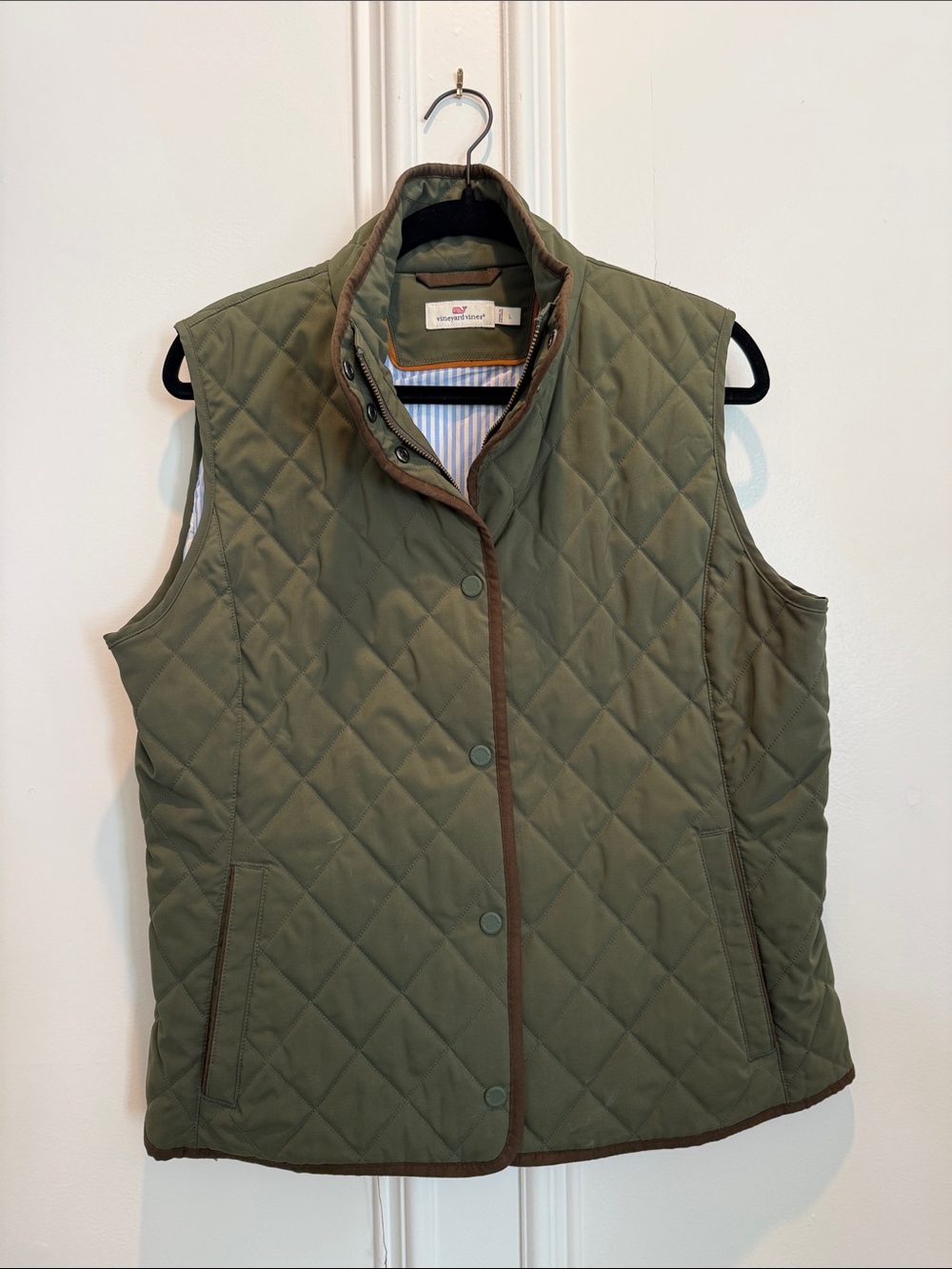 Vineyard Vines Olive Quilted Vest with Brown Trim